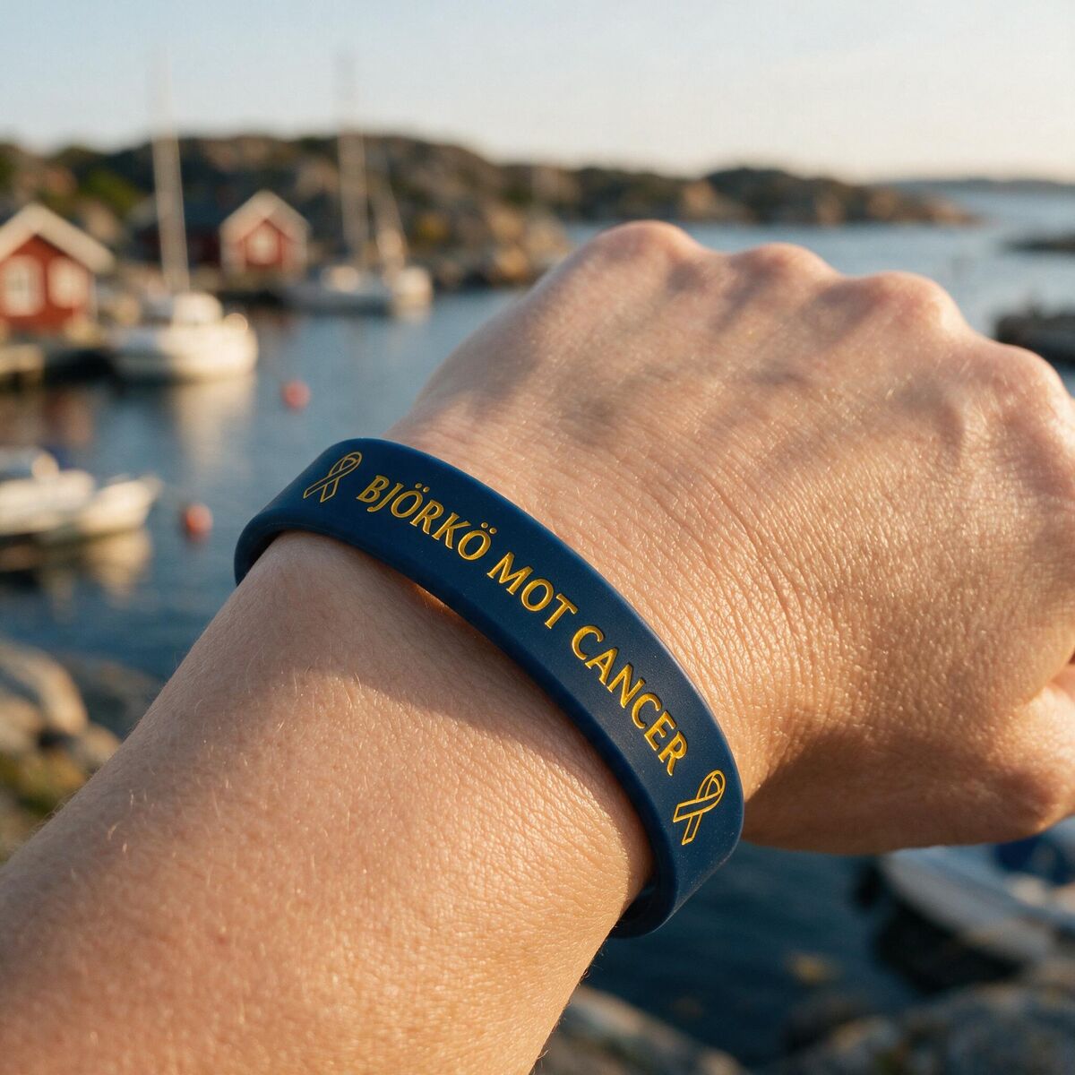 Guldbandet — mörkblått armband med guldtext BJÖRKÖ MOT CANCER — på en handled i skärgårdsmiljö